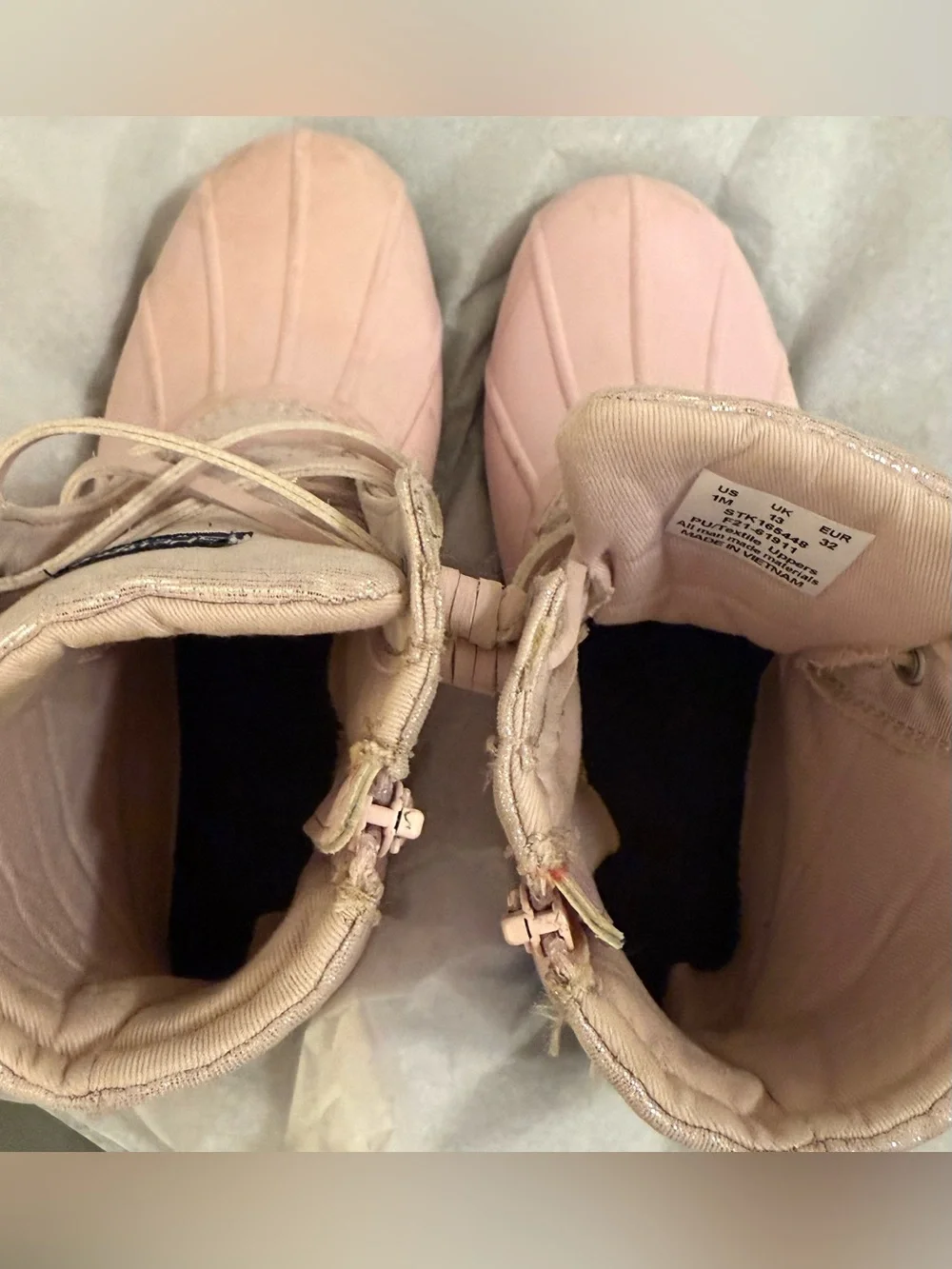 Sperry Saltwater Duck Boots pink rubber duck shell, shimmer metallic blush upper